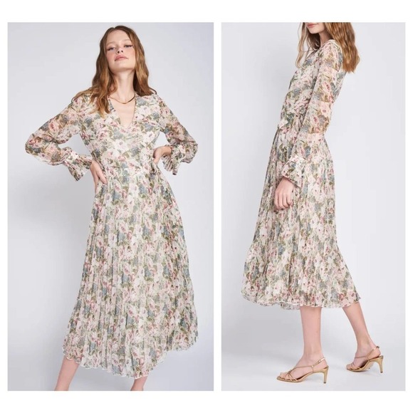 EN SAISON Floral Pleat Long Sleeve Wrap Midi Dress In Natural (L) - Picture 1 of 8
